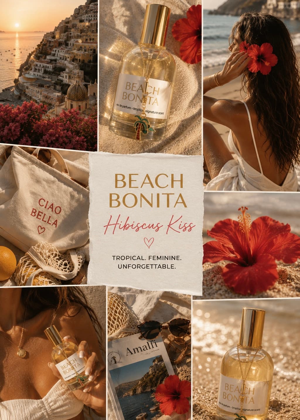 Beach Bonita Tropical moodboard with the bottle, hibiscus flowers, and coastal imagery