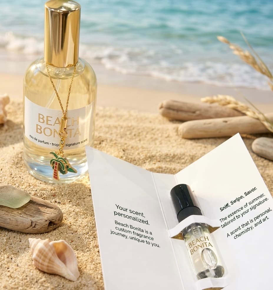 Beach Bonita perfume sample card opened on sand beside the fragrance bottle