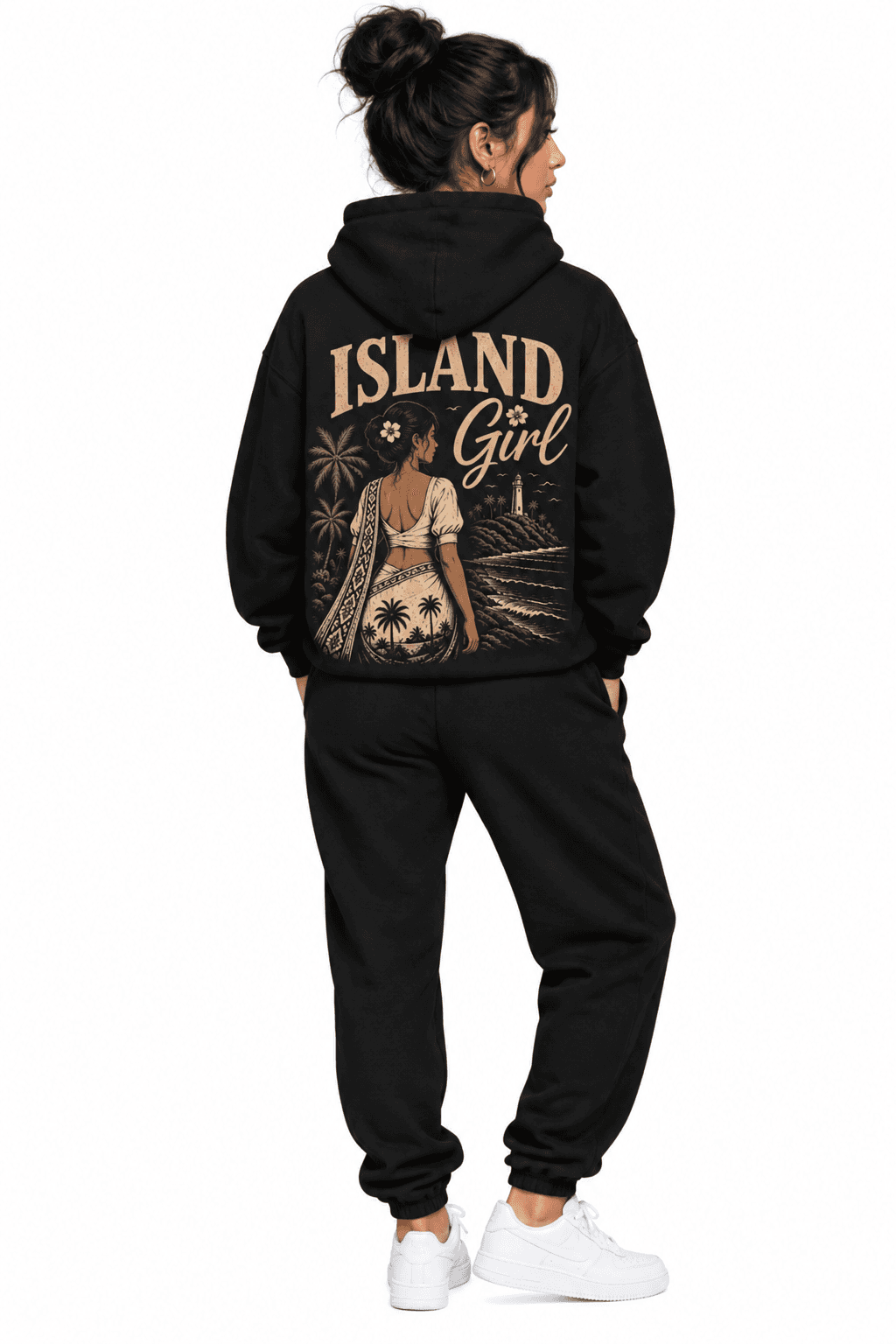 Front and back of the Island Girl hoodie in black, with gold LANKAN lettering on the chest and the Island Girl artwork across the back, worn with matching sweatpants