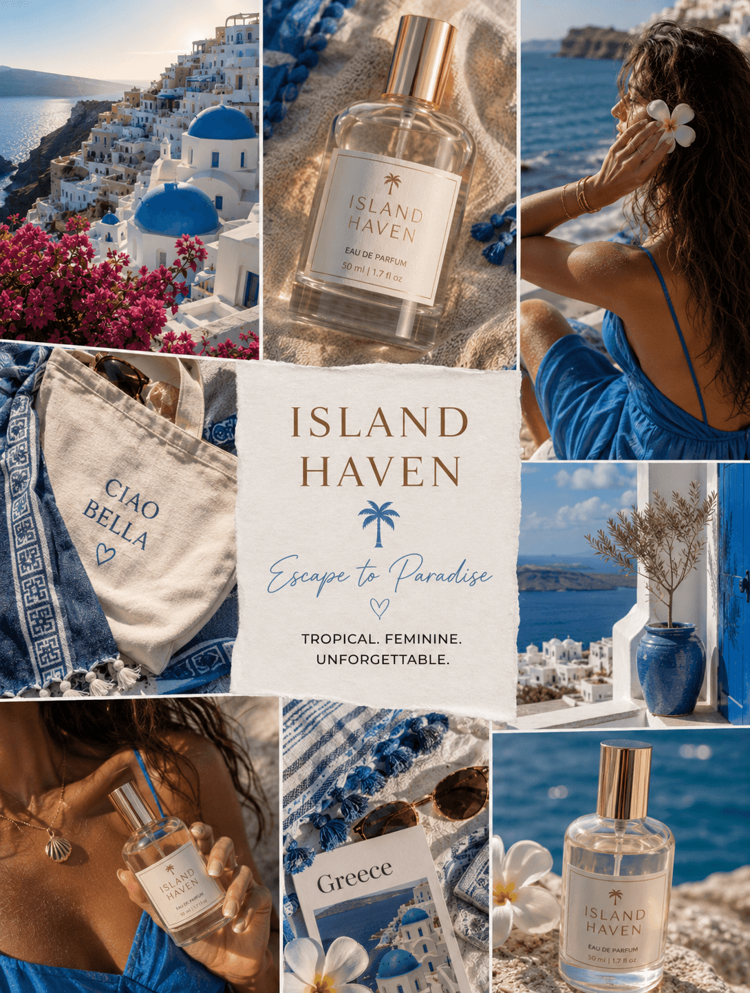 Island Haven collage with blue-domed coastlines, the fragrance bottle, founder imagery, and Greece-inspired details